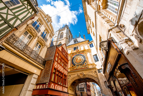 Street view with famous Great Clock astronomical clock in Rouen, the capital of Normandy region in France