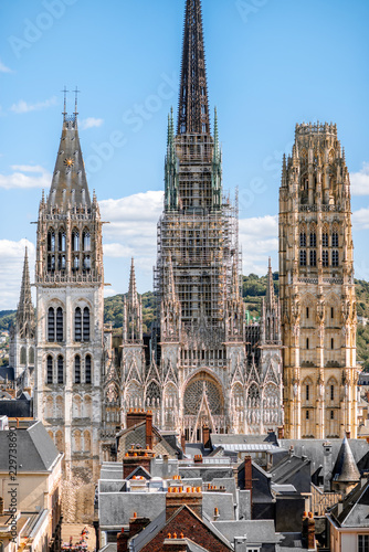 Aerial citysape view of Rouen with famous cathedral during the sunny day in Normandy, France