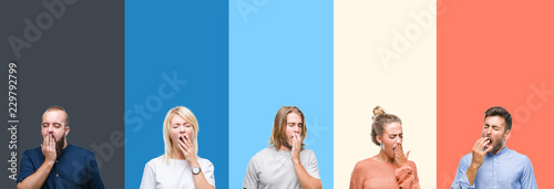 Collage of casual young people over colorful stripes isolated background bored yawning tired covering mouth with hand. Restless and sleepiness.