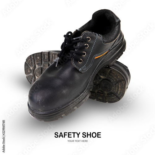 Safety shoe black work boots on white background .