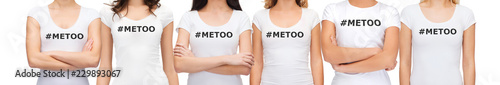 social issue concept - group of women in white t-shirts with metoo hashtag in solidarity with movement against sexual assault and harassment