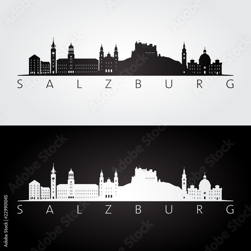 Salzburg skyline and landmarks silhouette, black and white design, vector illustration.
