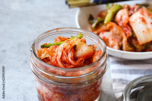 Homemade kimchi in a jar close up, selective focus