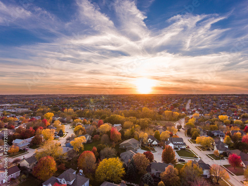 Sunset in the fall over the suburbs