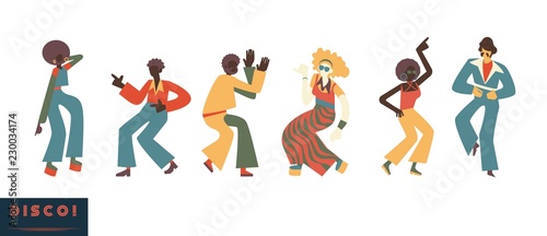 Disco dancing people vector illustration set with various men and women with clothes and hairstyles in retro 70s style in flat cartoon style isolated on white background.