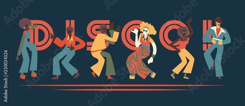 Vector illustration set of disco dancing people with retro clothes and hairstyles in flat cartoon style isolated on dark background with sign. Party or nightclub dancers in 70s fashion style.
