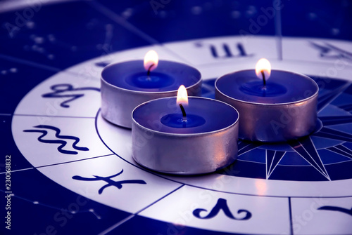 Blue horoscope with zodiac signs and three candles like astrology concept 