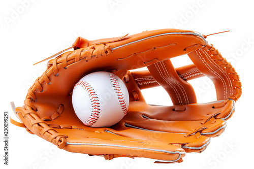 America s pastime, sporting equipment and american sports concept with a new generic baseball glove and holding a ball isolated on white background with a clip path cutout