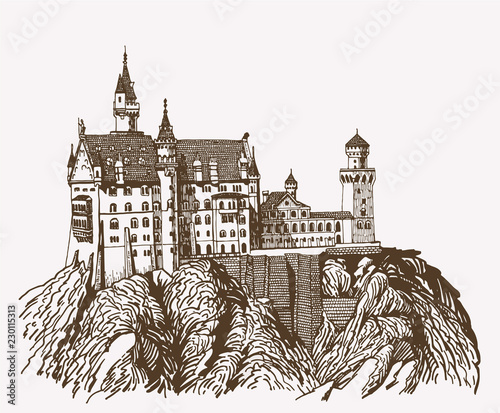 Graphical vintage neuschwanstein castle isolated , Germany,retro medieval fortress illustration