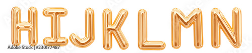 Gold foil alphabet, H, I, J, K, L, M, N isolated on white background. 3d rendering