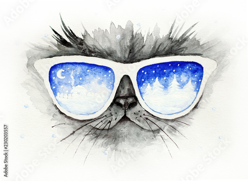 Cat in the glasses in which winter is reflected / Funny christmas watercolor illustration, card