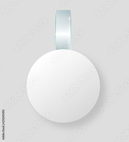 Blank white wobbler hang on wall mock up, 3d rendering. Space round paper mockup on plastic transparent strip. Clear price sticker circle shape. Pricing tag label template isolated.