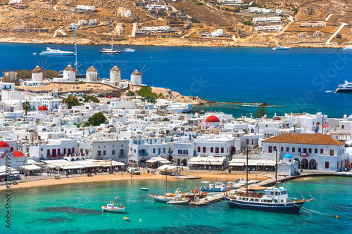 Mykonos port with boats and windmills, Cyclades islands, Greece