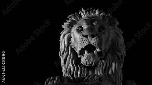 Lion on the Chain bridge (Szechenyi lanchid) across the Danube river in lights , Budapest ,Hungary