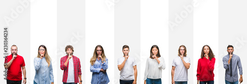 Collage of different ethnics young people over white stripes isolated background asking to be quiet with finger on lips. Silence and secret concept.