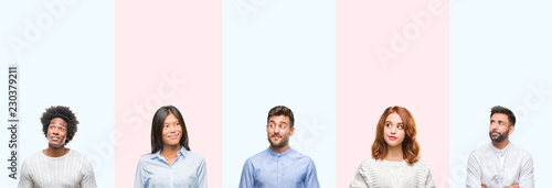 Collage of group of young people over colorful isolated background smiling looking side and staring away thinking.