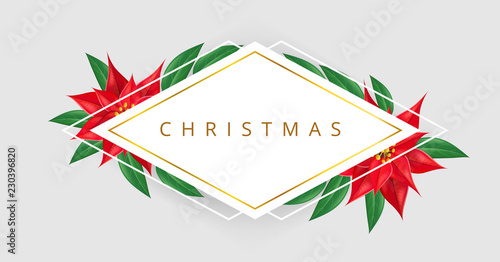 Geometric rhombus Christmas text frame with red poinsettia flower and green leaf. Vector illustration in minimal style, with white background color, for Christmas and winter holiday celebration design