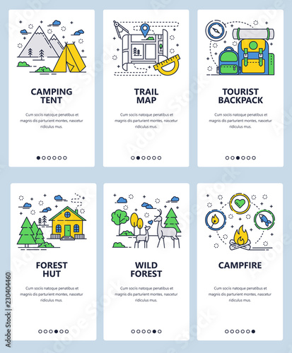 Vector web site linear art onboarding screens template. Outdoor camping and hiking travel. Backpack, campfire, forest trail. Menu banners for website and mobile app development. Modern design flat