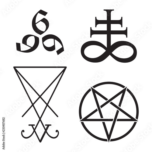 Set of occult symbols Leviathan Cross, pentagram, Lucifer sigil and 666 the number of the beast hand drawn black and white isolated vector illustration. Blackwork, flash tattoo or print design.