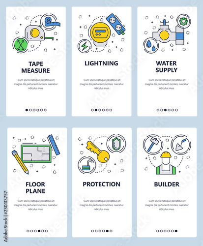 Vector web site linear art onboarding screens template. House utilities, construction worker, floor plan and electricity utilities. Menu banners for website and mobile app development. Modern design