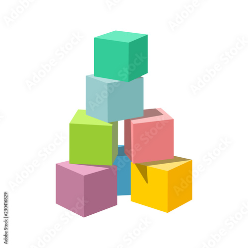 Pastel colored block building tower. Bricks vector illustration on white background. Blank cubes for your own design.