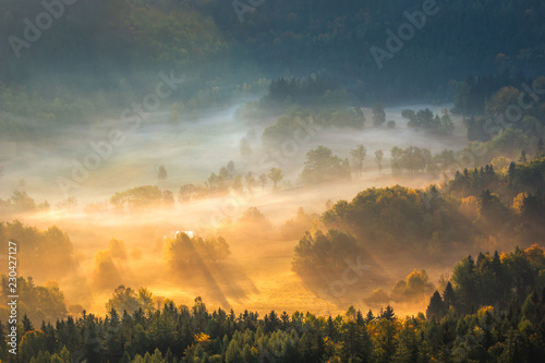 Foggy morning in Rudawy Janowickie, Silesia, Poland