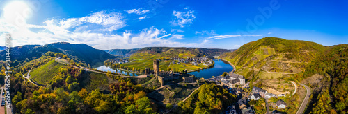 Aerial view, Poltersdorf with vineyards and the castle Metternich, Mosel, Cochem-Zell district, Rhineland-Palatinate, Germany