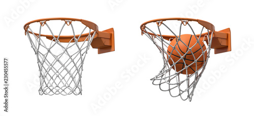 3d rendering of two basketball nets with orange hoops, one empty and one with a ball falling inside.