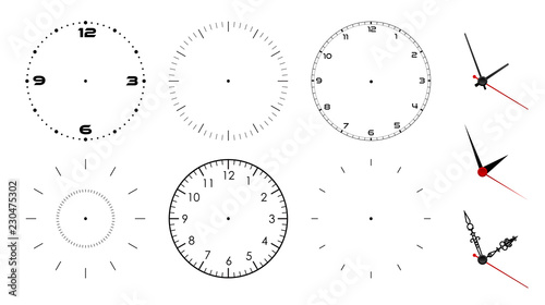 Clock face blank isolated on white background. Vector clock hands. Set for watch design