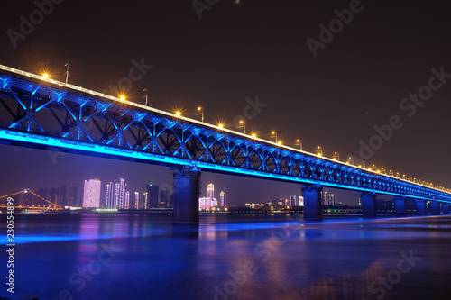 Night time at double deck bridge at Wuhan Yangtze River Bridge.