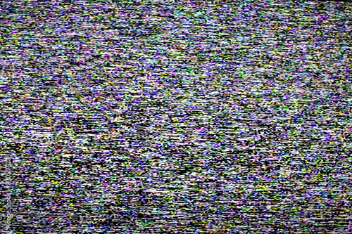 Glitch tv screen on digital television. Noise and glitch during radio transmission, image distorsion of a bad signal