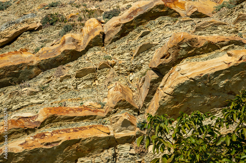 Natural stones and fragments of rock with graceful plants on the mountain slopes near the Black Sea as original and textural background. Brown, yellow, gray colored stone. Nature concept for design