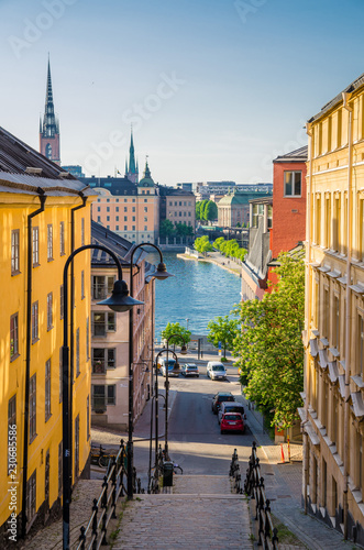 Narrow street staircase down to Lake Malaren, Stockholm, Sweden