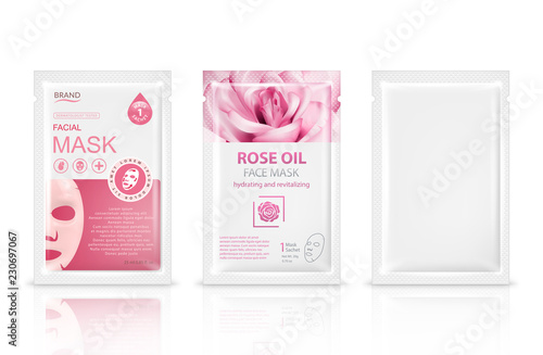 Facial sheet mask sachet package mockup set. Vector realistic illustration isolated on white background. Beauty product packaging design templates.