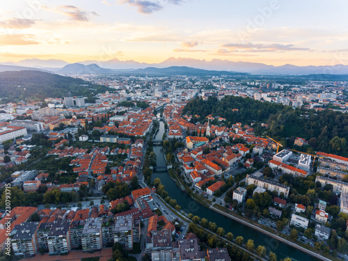 Aerial view of Ljubljana, capital of Slovenia at sunset