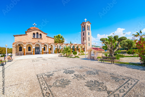 Orthodox church of Saint Nektarios with bell tower in Faliraki (Rhodes, Greece)