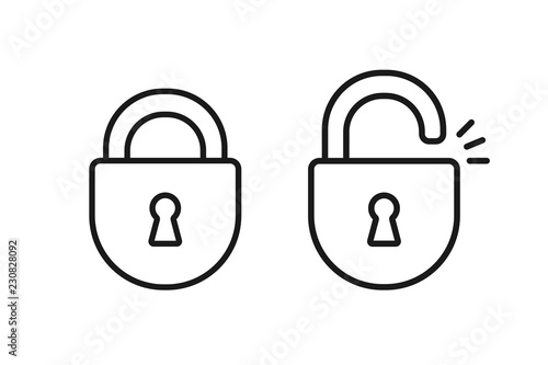 Black isolated outline icon of locked and unlocked lock on white background. Set of Line Icon of padlock.