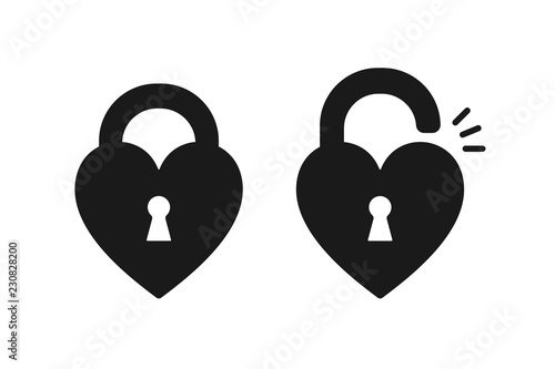 Black isolated icon of locked and unlocked heart shape lock on white background. Set of Silhouette of locked and unlocked heart shape lock. Flat design.