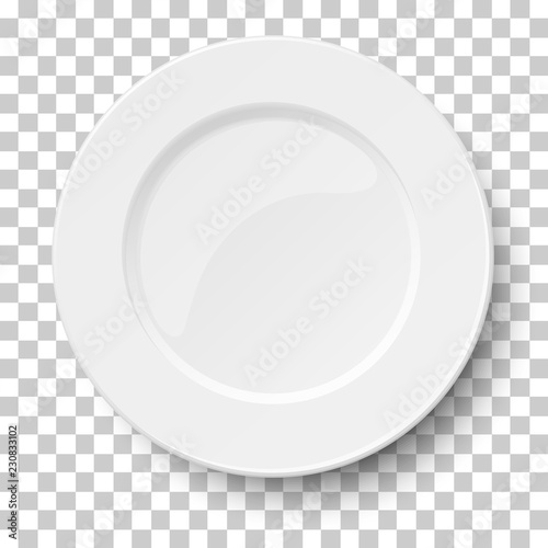 Empty classic white plate isolated on transparent background. View from above. Vector illustration.
