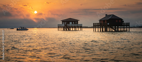 Fishermen houses in Bassin Arcachon, Cabanes Tchanquees, Aerial view, France