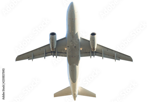 passenger commercial jet plane isolated on white background. from below bottom view.