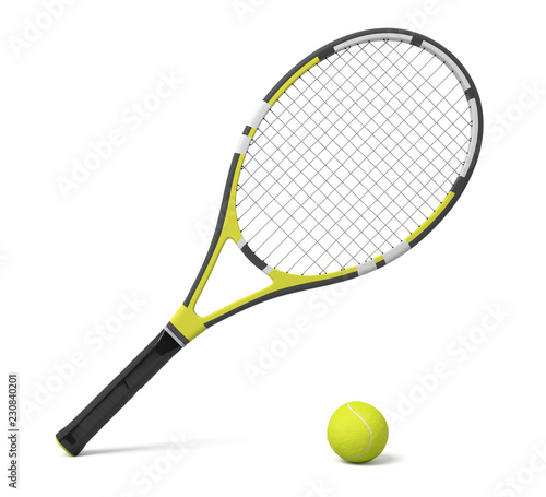 3d rendering a single tennis racquet lying with a yellow ball on white background.