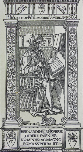 Portrait of the Chroniquer Corio engraved in a vintage book Leonard de Vinci, author Eugene Muntz, 1899, Paris