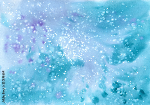 Winter snowfall texture on light blue background. Hand drawn watercolor illustration.