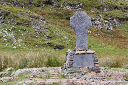 View of a stone memorial for the Great Famine of 1849 located in Doo Lough Valley in County Mayo, Ireland