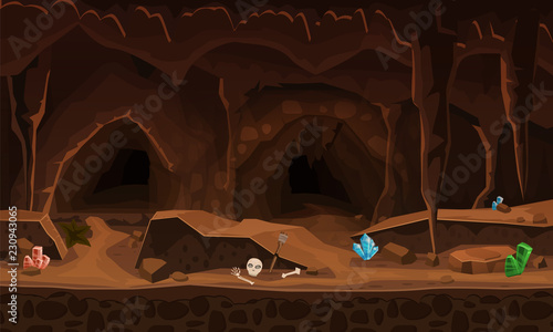 Treasure cave with crystals. Concept, art for computer game. Background image to use games, apps, banners, graphics. Vector cartoon illustration