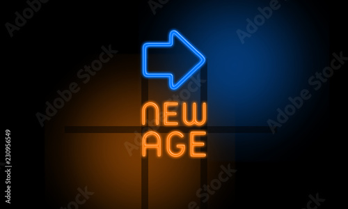 New Age - orange glowing text with an arrow on dark background