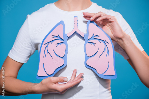 partial view of woman in white tshirt with paper crafted lungs on blue backdrop