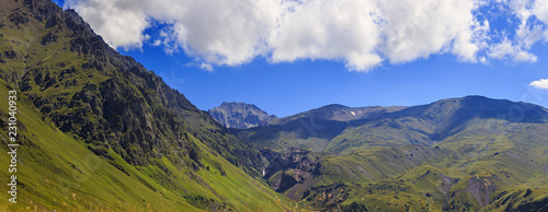 Panoramic view of the mountain valley near Elbrus in the North Caucasus.