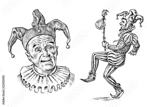 Funny jester in fool s cap. Clown in costume. Comedian character. Vintage engraved illustration. Monochrome style.